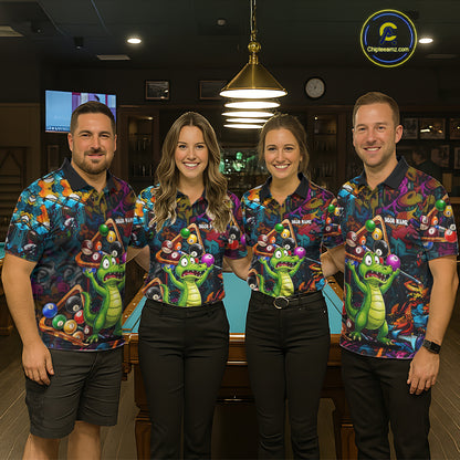 Colorful Billiard Jersey Custom Funny Dinosaur Graffiti Billiard Polo & Quarter Zip Shirts For Men TDM6566