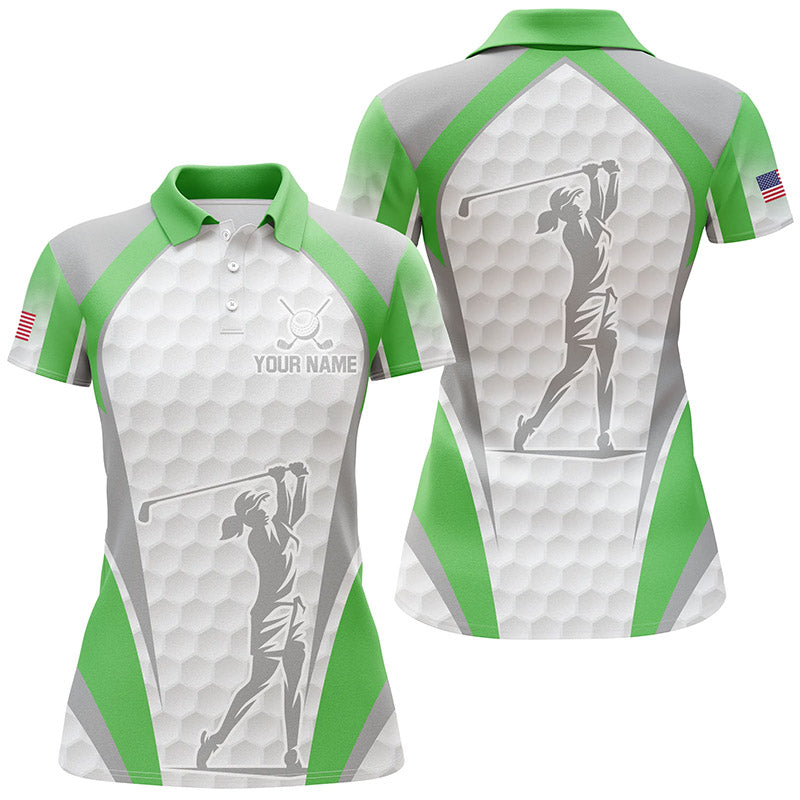 White And Green Womens Golf Polo Shirts Custom Name Team Ladies Golf Tops, Best Golf Outfit TDM1868