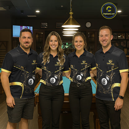 Pool Team Wearing Personalized Black and Gold Water 8 Ball Billiard Jerseys During League Competition and Team Tournament Matches, Front View