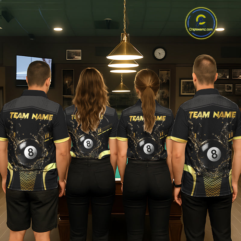 Pool Team Wearing Personalized Black and Gold Water 8 Ball Custom Billiard Team Jerseys Featuring the Complete Back Artwork, Back View