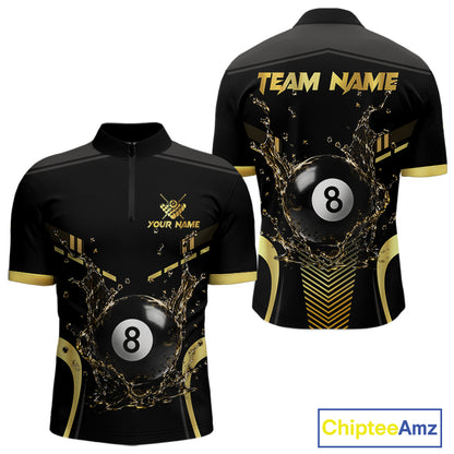 Personalized Black and Gold Water 8 Ball Quarter Zip Billiard Shirt Created for Pool League Teams with Custom Jersey Design and Performance Fabric