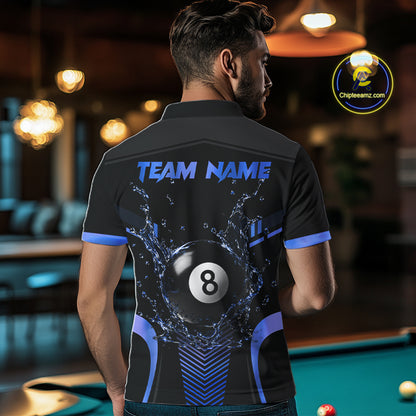 Man Wearing Personalized Black and Blue Water 8 Ball Custom Billiard Team Jersey Featuring the Complete Rear Water Artwork, Back View