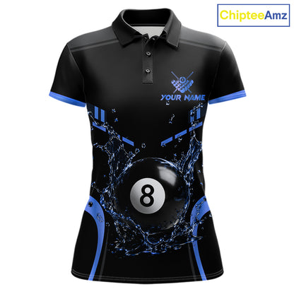 Personalized Black and Blue Billiard Water 8 Ball Pool Polo Shirt Featuring Dynamic Water Splash Artwork for Pool League Players and Team Competition