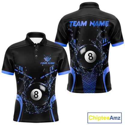 Custom Black and Blue Water 8 Ball Pool Polo Shirt Designed for Personalized Billiard Team Jerseys with Modern Athletic Performance Style