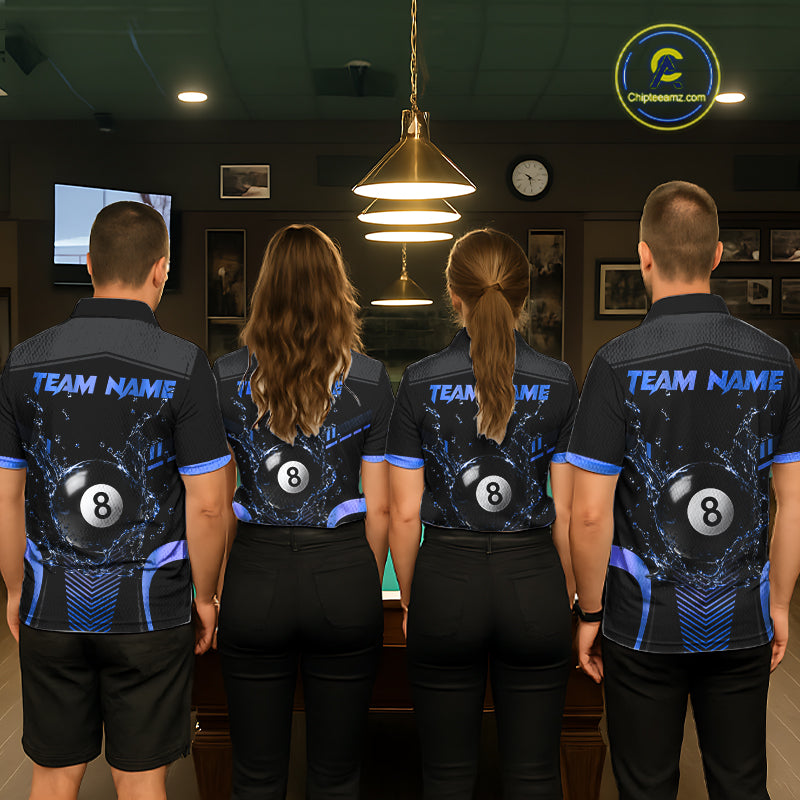 Pool Team Wearing Personalized Black and Blue Water 8 Ball Custom Billiard Team Jerseys Featuring the Full Back Artwork, Back View