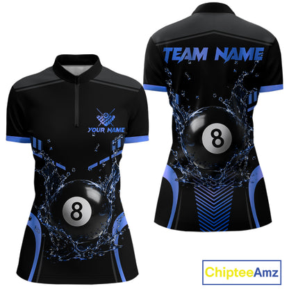 Personalized Black and Blue Water 8 Ball Quarter Zip Billiard Shirt Created for Pool League Teams with Custom Jersey Design and Performance Fabric