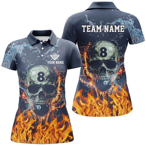 Funny Skull 8 Ball Pool Water Fire Personalized Name Billiard Shirts For Women, Billiard Pool Shirts TDM2291