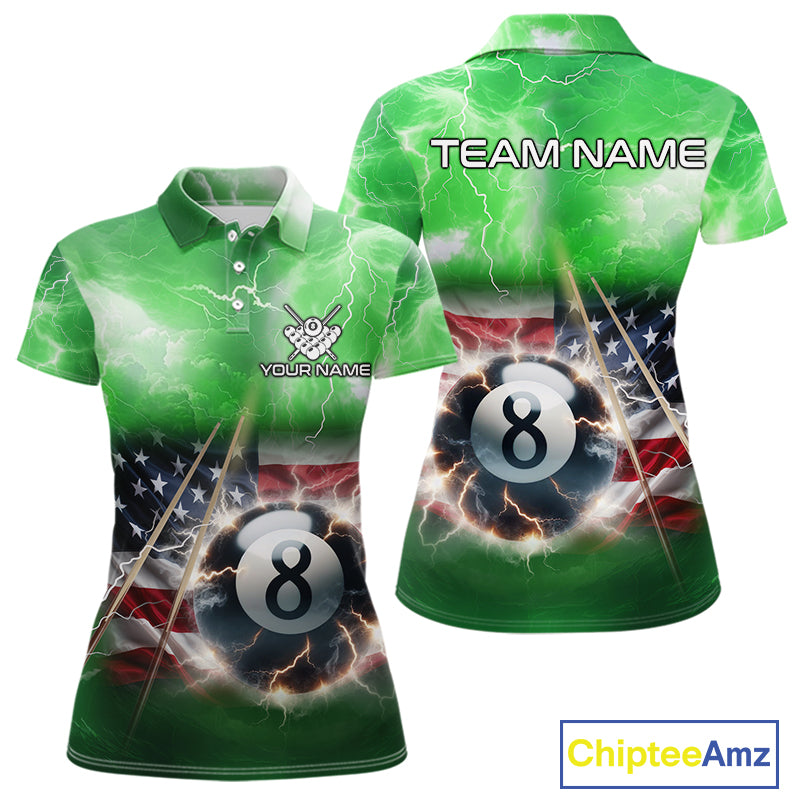 Green American Flag Thunder Lightning 8 Ball Billiard Shirt For Women Custom Pool Team Jersey TDM5265