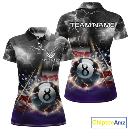 Black Purple American Flag Thunder Lightning 8 Ball Billiard Shirt For Women Custom Pool Team Jersey TDM5267