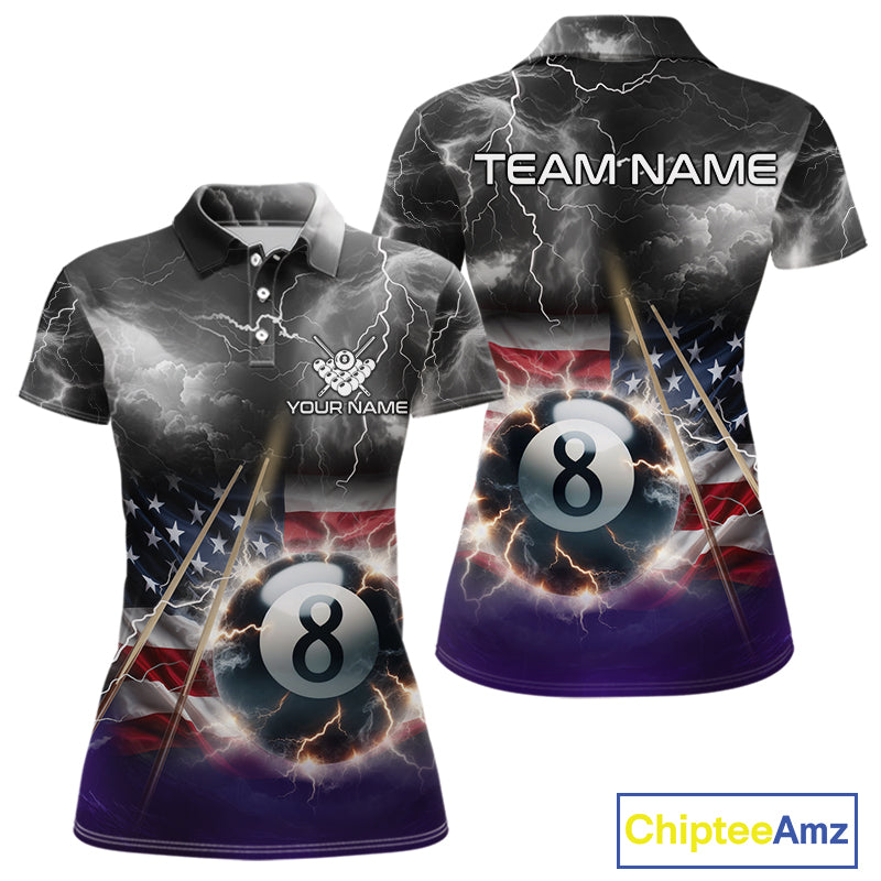 Black Purple American Flag Thunder Lightning 8 Ball Billiard Shirt For Women Custom Pool Team Jersey TDM5267