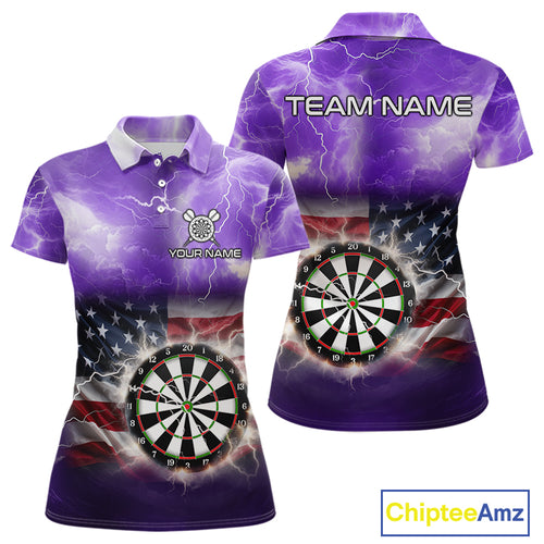 Purple American Flag Thunder Lightning Darts Shirt For Women Custom Darts Jersey Team Polo & 1/4 Zip TDM5269