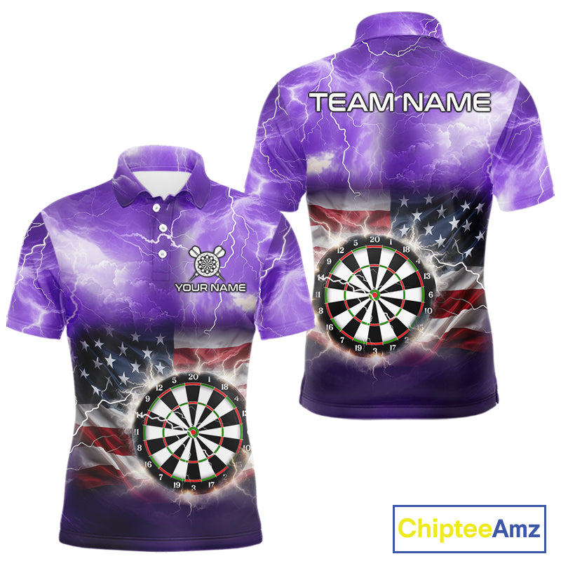 Purple American Flag Thunder Lightning Darts Shirt For Men Custom Darts Jersey Team Polo & 1/4 Zip TDM5269