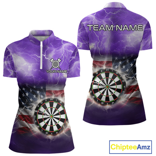 Purple American Flag Thunder Lightning Darts Shirt For Women Custom Darts Jersey Team Polo & 1/4 Zip TDM5269