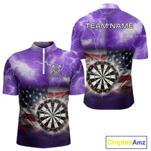 Load image into Gallery viewer, Purple American Flag Thunder Lightning Darts Shirt For Men Custom Darts Jersey Team Polo &amp; 1/4 Zip TDM5269