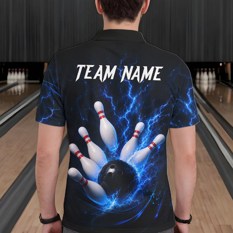 Personalized Blue Thunder Lightning Bowling Jersey For Men, Bowling League Shirts Polo & 1/4 Zip TDM6573