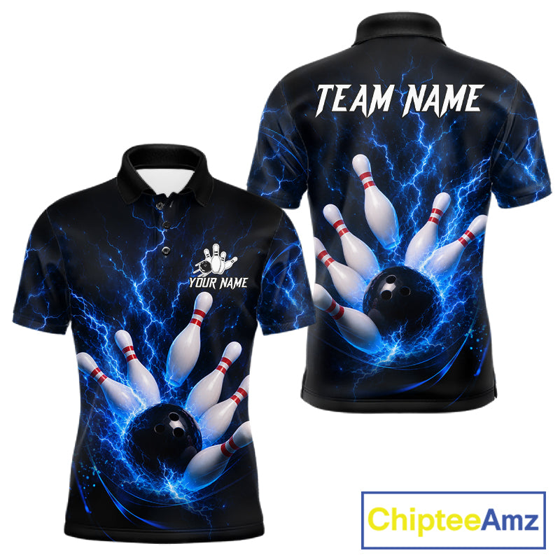 Personalized Blue Thunder Lightning Bowling Jersey For Men, Bowling League Shirts Polo & 1/4 Zip TDM6573