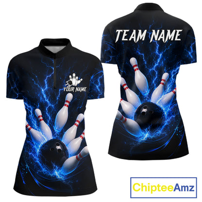 Personalized Blue Thunder Lightning Bowling Jersey For Women, Bowling League Shirts Polo & 1/4 Zip TDM6573