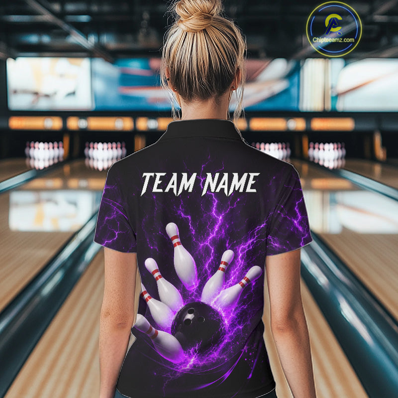 Personalized Purple Thunder Lightning Bowling Jersey For Women, Bowling League Shirts Polo & 1/4 Zip TDM6574