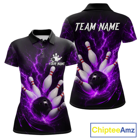 Personalized Purple Thunder Lightning Bowling Jersey For Women, Bowling League Shirts Polo & 1/4 Zip TDM6574