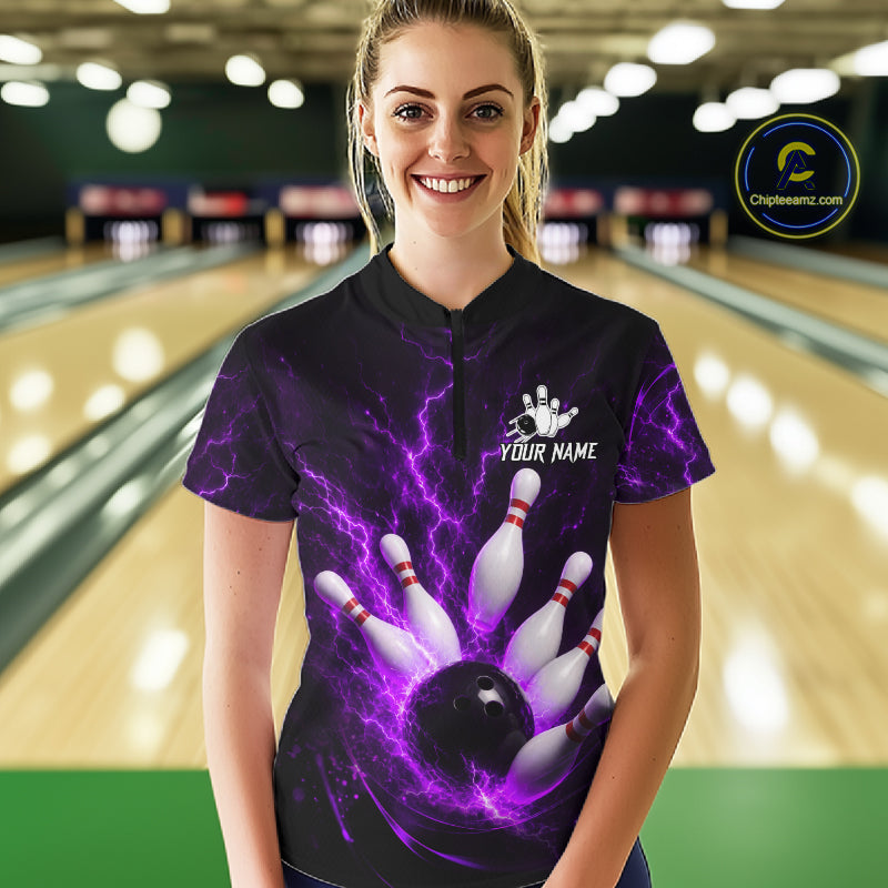Personalized Purple Thunder Lightning Bowling Jersey For Women, Bowling League Shirts Polo & 1/4 Zip TDM6574