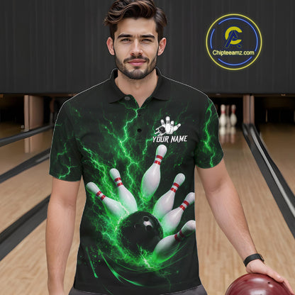 Personalized Green Thunder Lightning Bowling Jersey For Men, Bowling League Shirts Polo & 1/4 Zip TDM6575