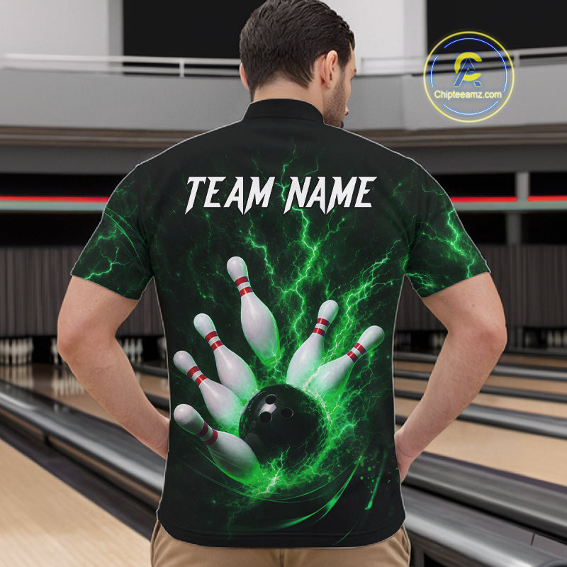 Personalized Green Thunder Lightning Bowling Jersey For Men, Bowling League Shirts Polo & 1/4 Zip TDM6575