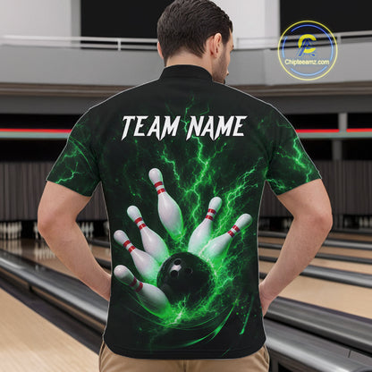 Personalized Green Thunder Lightning Bowling Jersey For Men, Bowling League Shirts Polo & 1/4 Zip TDM6575