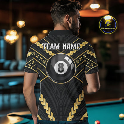 Back view of man wearing a black and gold 8 ball tribal pool shirt in a billiards hall.
