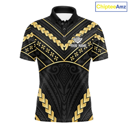 Black and gold 8 ball tribal billiard polo shirt for men with custom pool team graphics.