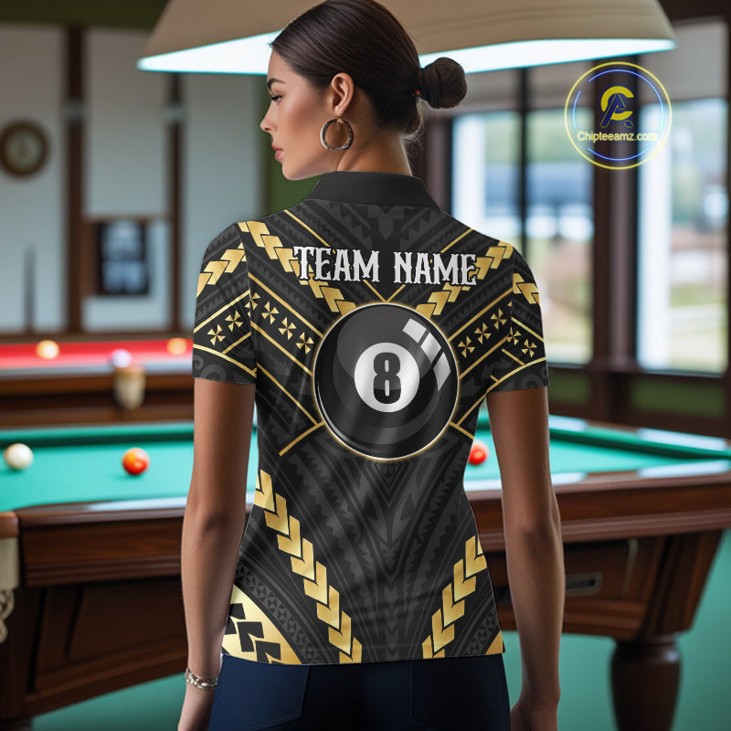 Back view of woman wearing a black and gold 8 ball tribal pool shirt in a billiards hall.