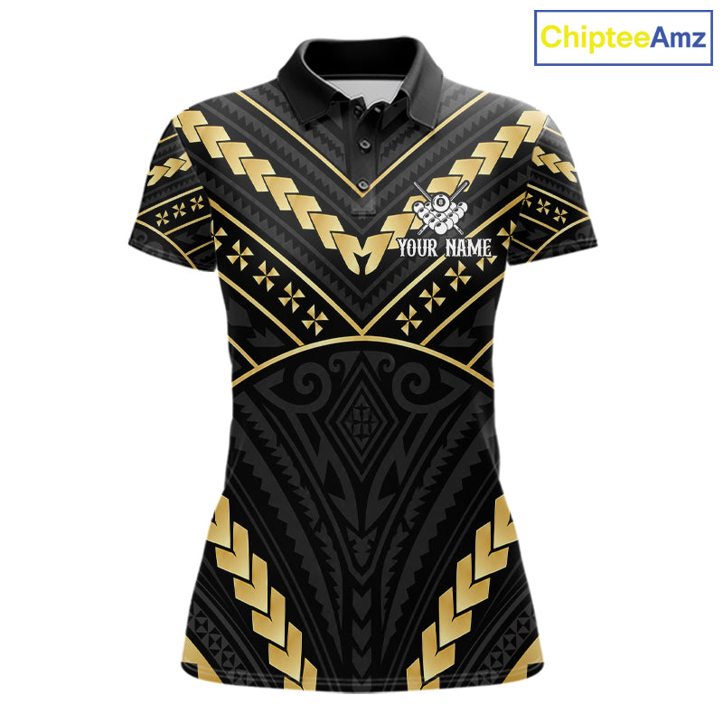 Black and gold 8 ball tribal billiard polo shirt for women with custom pool team graphics.