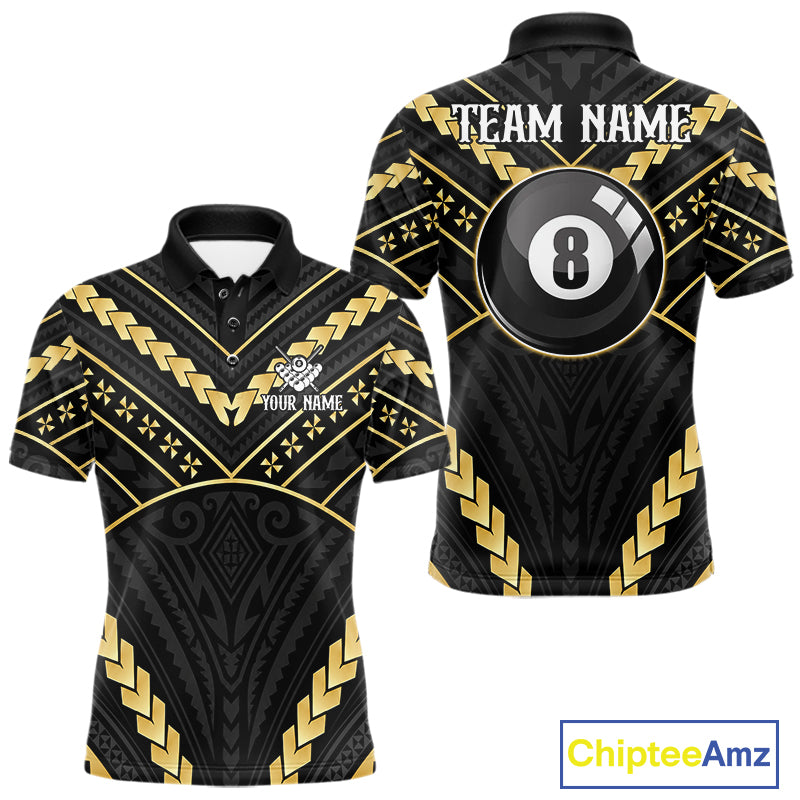 Black and gold 8 ball tribal billiard polo shirt for men with custom pool team graphics.
