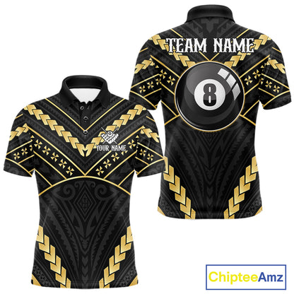 Black and gold 8 ball tribal billiard polo shirt for men with custom pool team graphics.