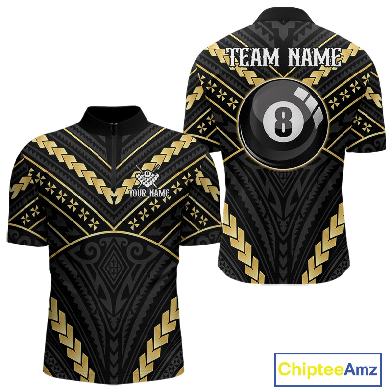 Black and gold 8 ball tribal billiard quarter zip shirt for men designed for league tournaments and team events.