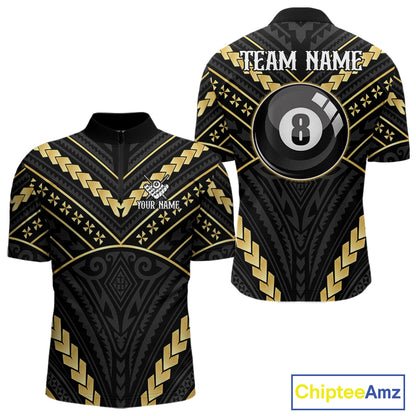Black and gold 8 ball tribal billiard quarter zip shirt for men designed for league tournaments and team events.