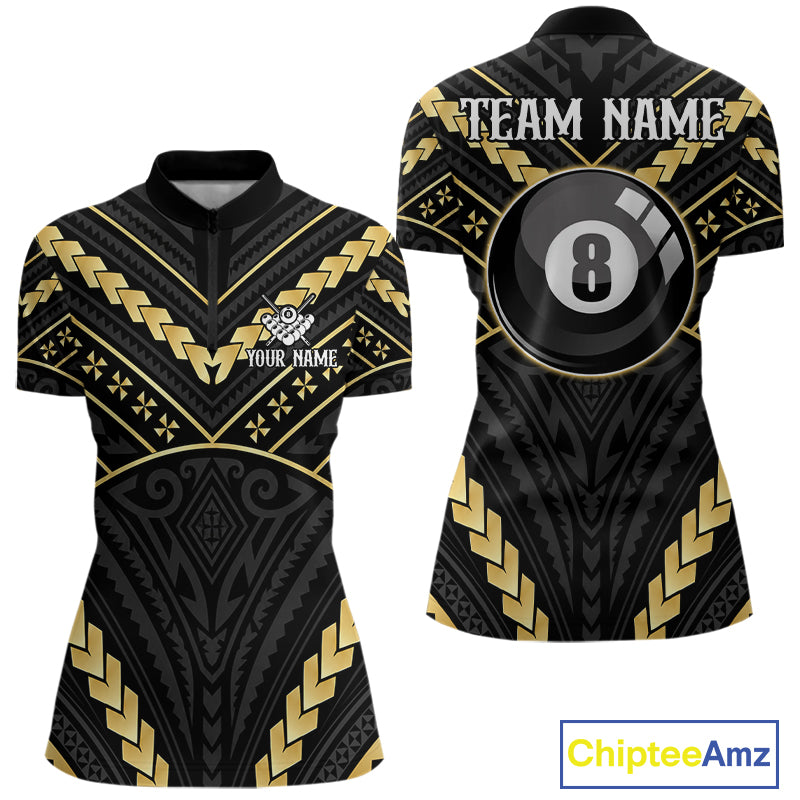 Black and gold 8 ball tribal billiard quarter zip shirt for women designed for league tournaments and team events.