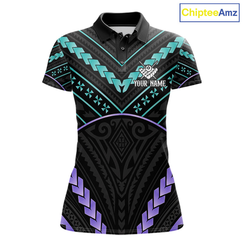 Teal and purple 8 ball tribal billiard polo shirt for women with custom pool team graphics.