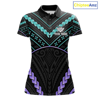 Teal and purple 8 ball tribal billiard polo shirt for women with custom pool team graphics.