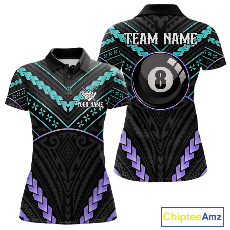 Teal and purple 8 ball tribal billiard polo shirt for women with custom pool team graphics.