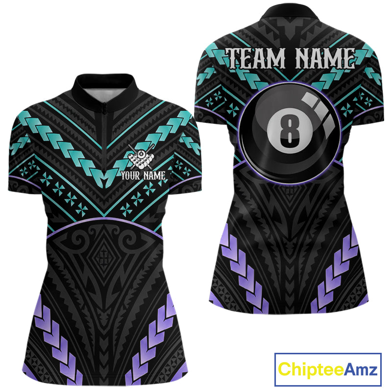 Teal and purple 8 ball tribal billiard quarter zip shirt for women designed for league tournaments and team events.