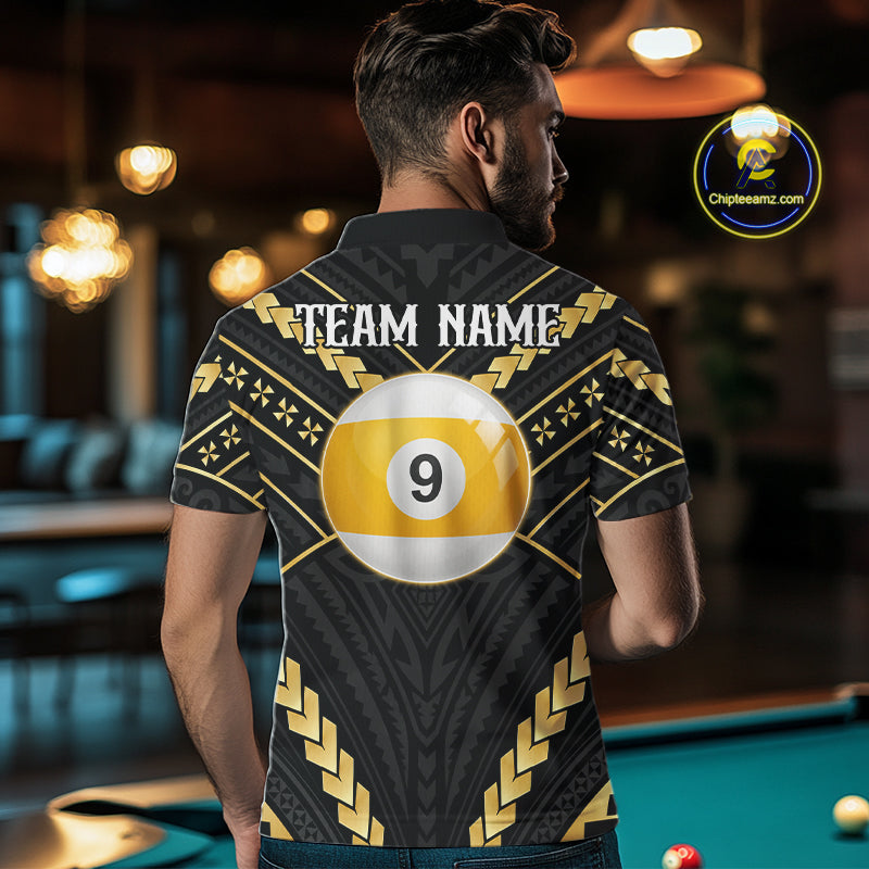 Back view of man wearing a black and gold 9 ball tribal pool shirt in a billiards hall.