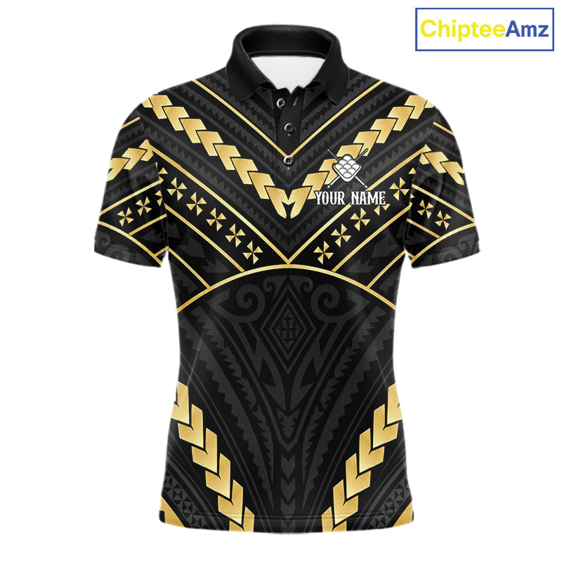 Black and gold 9 ball tribal billiard polo shirt for men with custom pool team graphics.