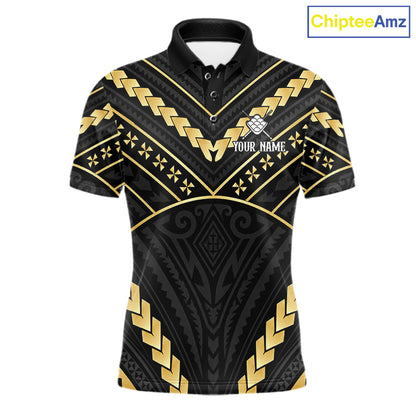 Black and gold 9 ball tribal billiard polo shirt for men with custom pool team graphics.