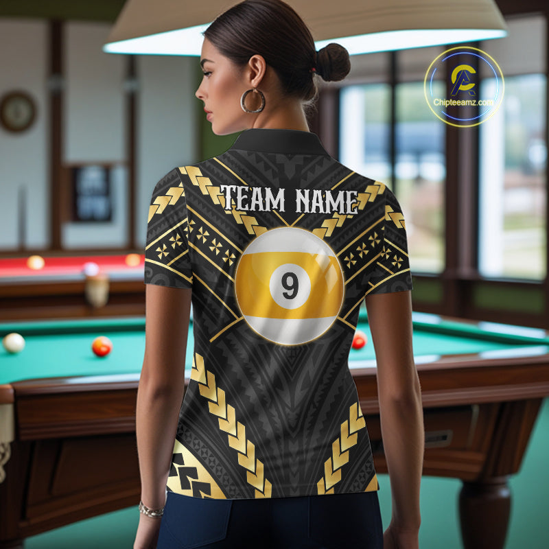 Back view of woman wearing a black and gold 9 ball tribal pool shirt in a billiards hall.