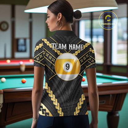 Back view of woman wearing a black and gold 9 ball tribal pool shirt in a billiards hall.