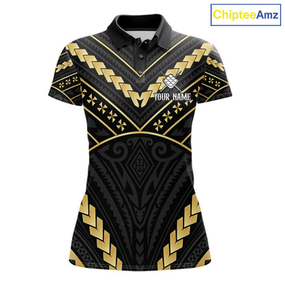 Black and gold 9 ball tribal billiard polo shirt for women with custom pool team graphics.
