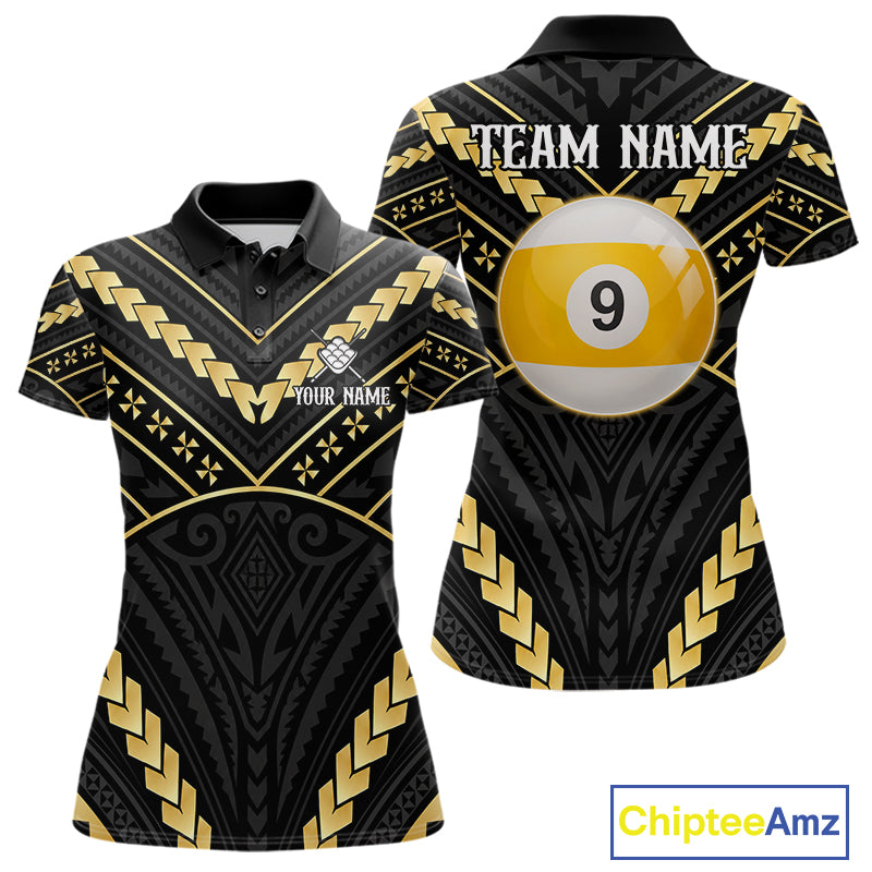 Black and gold 9 ball tribal billiard polo shirt for women with custom pool team graphics.