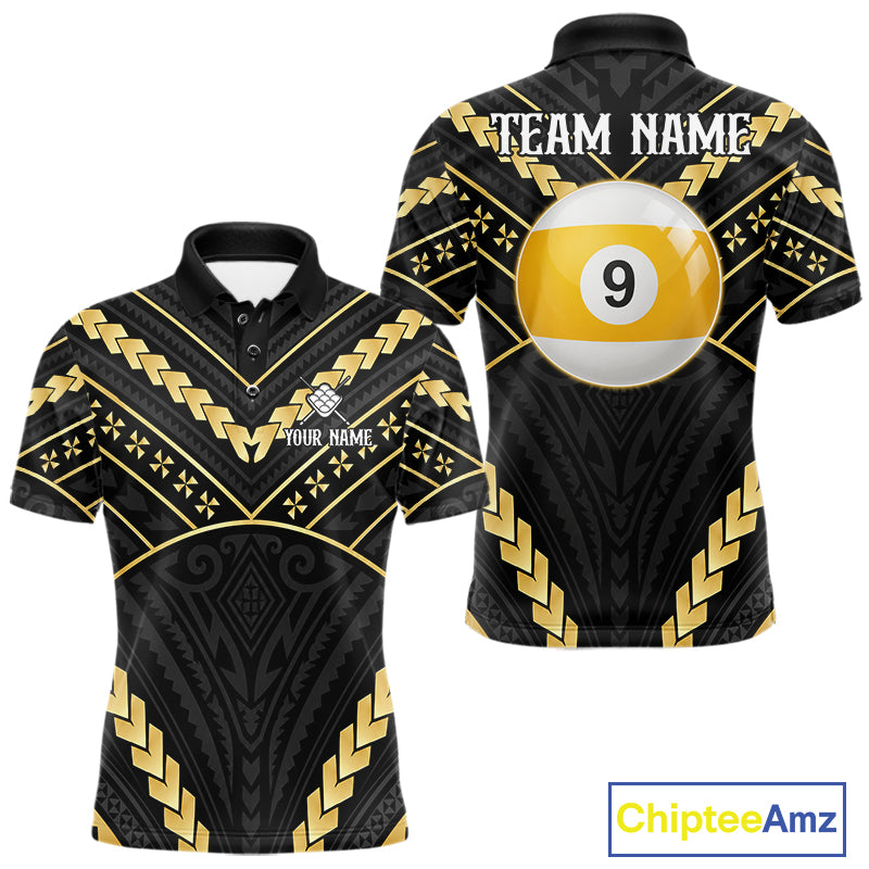 Black and gold 9 ball tribal billiard polo shirt for men with custom pool team graphics.