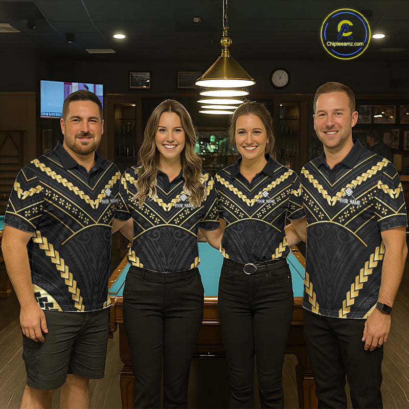 Pool team wearing matching black and gold 9 ball tribal billiard jerseys during tournament competition front view.