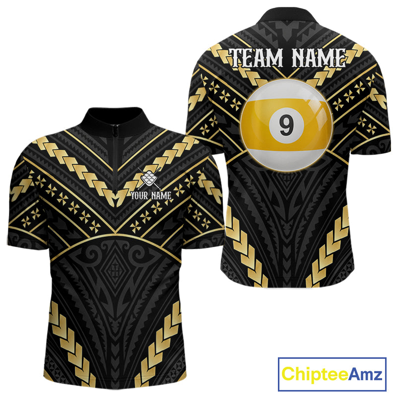 Black and gold 9 ball tribal billiard quarter zip shirt for men designed for league tournaments and team events.